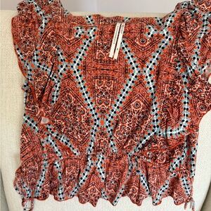 Anthropologie Orange and White Ruffled Cap Sleeve pajama short